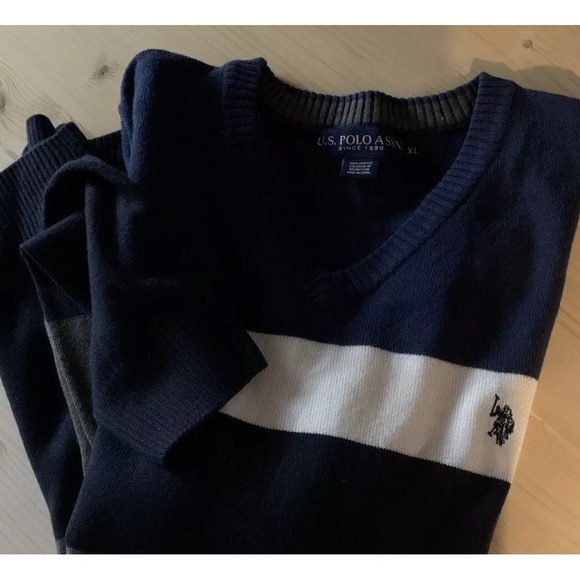 U.S. Polo Assn. Other - US Polo Assn. V- Neck Striped Blue And‎ White Classic Pony LS Men's Sweater XL